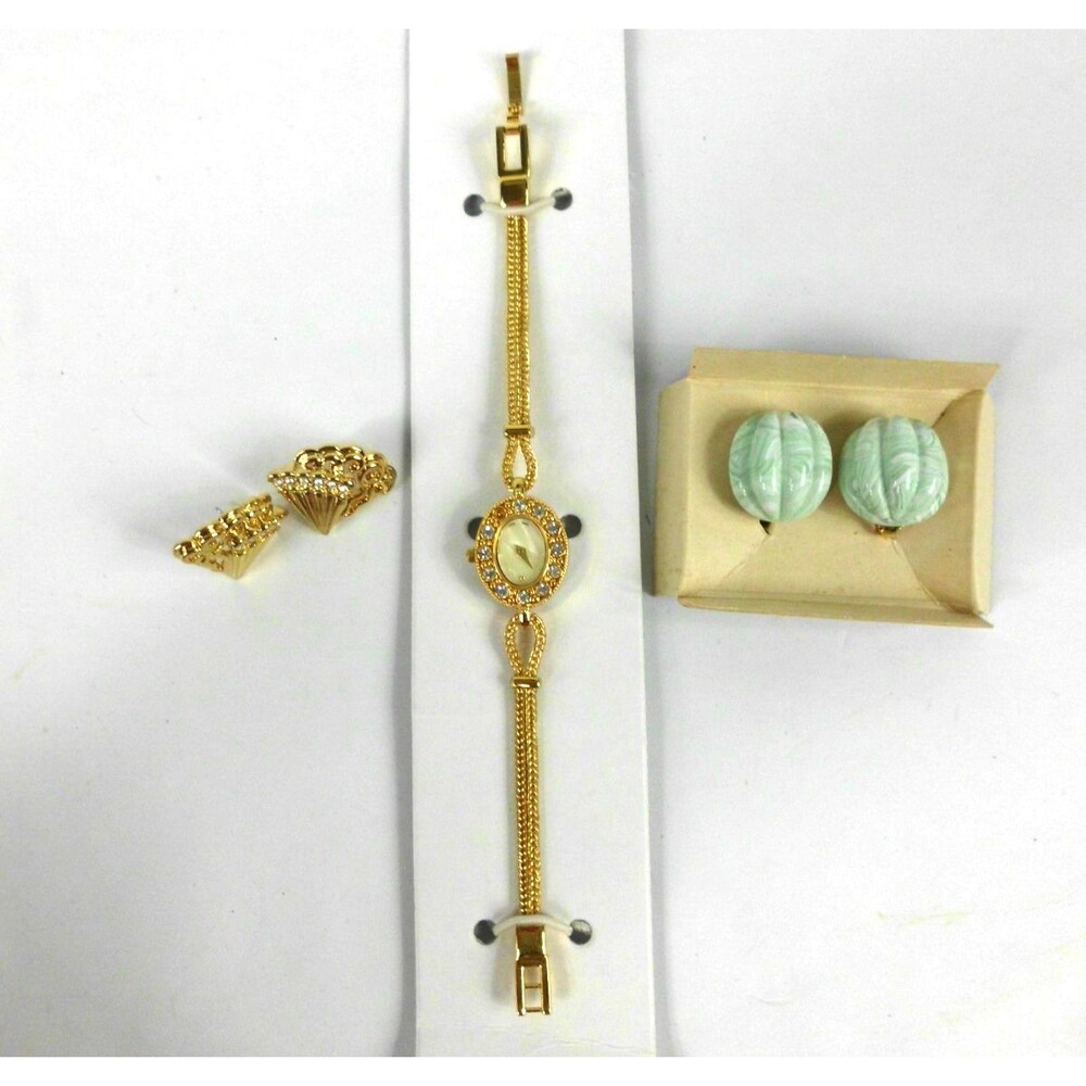 Vintage Avon Jewelry Lot of 3 Anniversary Watch Golden Wave Spring Clip Earrings